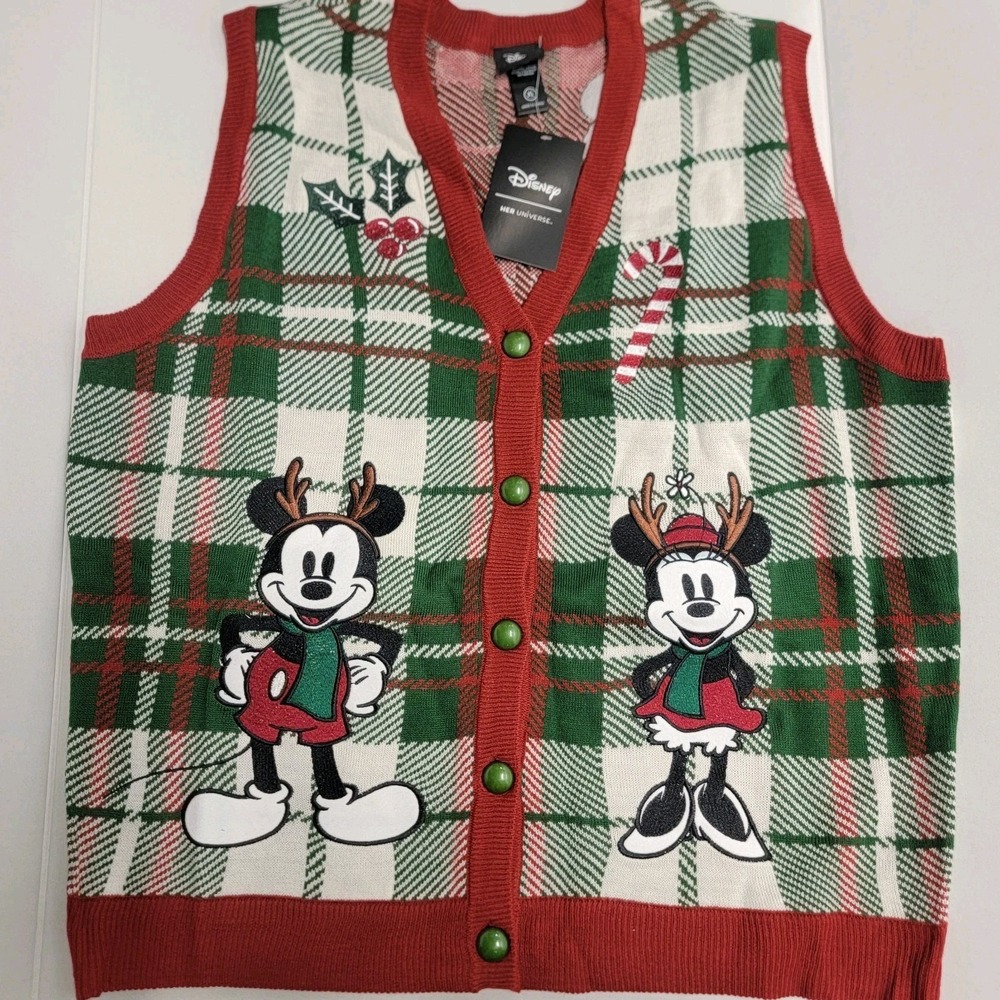 Her Universe Disney Mickey Minnie Holiday Embroidered Plaid Sweater Vest‎ Wom XL - Picture 2 of 10